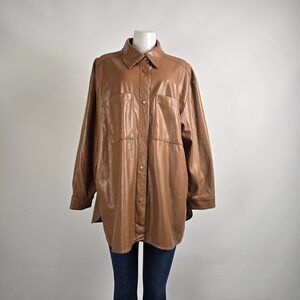 Maison Cinqcent Faux Leather Shacket 3X Tan Oversized Button Front Jacket